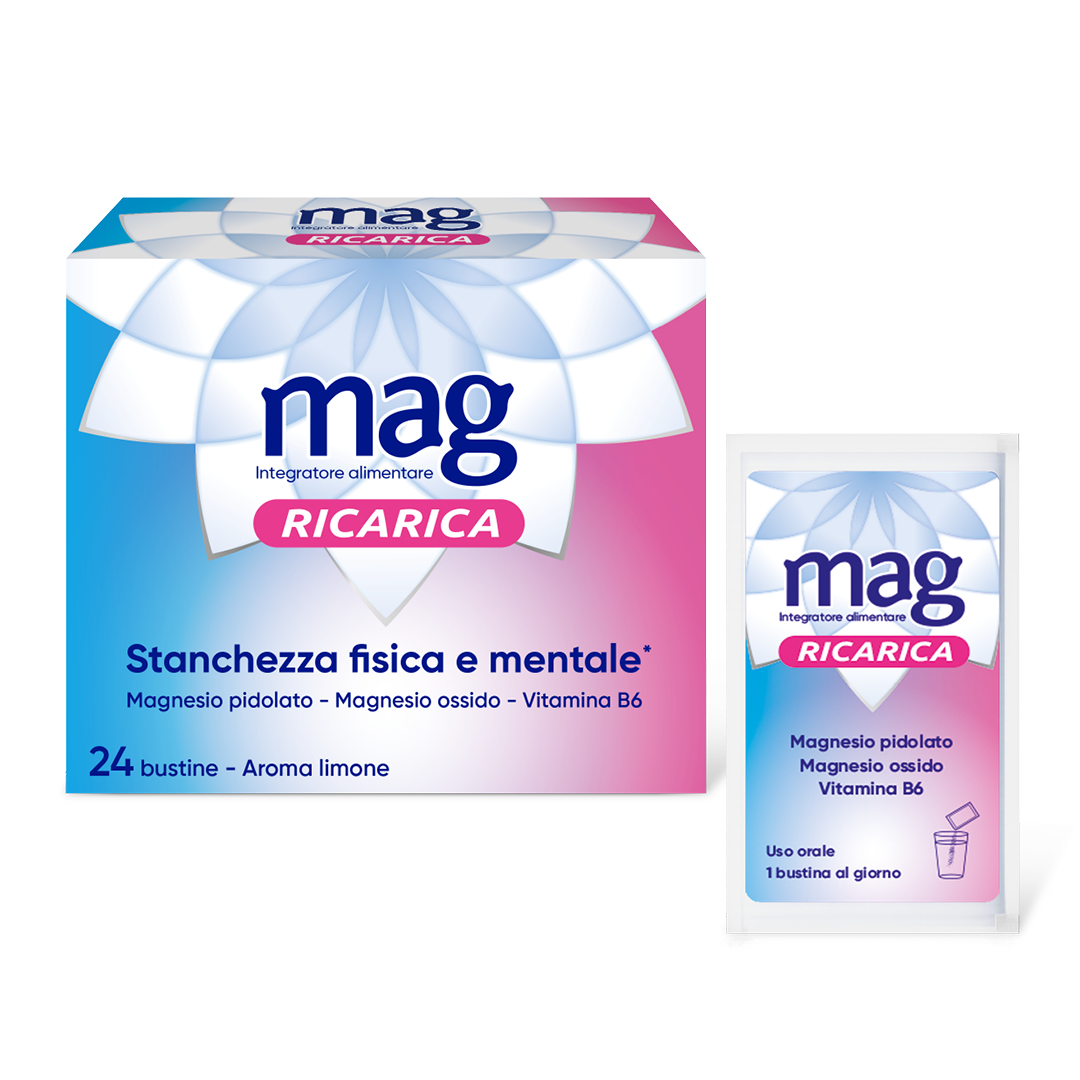 Mag Ricarica 24 Bustine - Integratore Con Magnesio Pidolato, Magnesio Ossido e Vitamina B6 Contro Stanchezza Mentale E Fisica