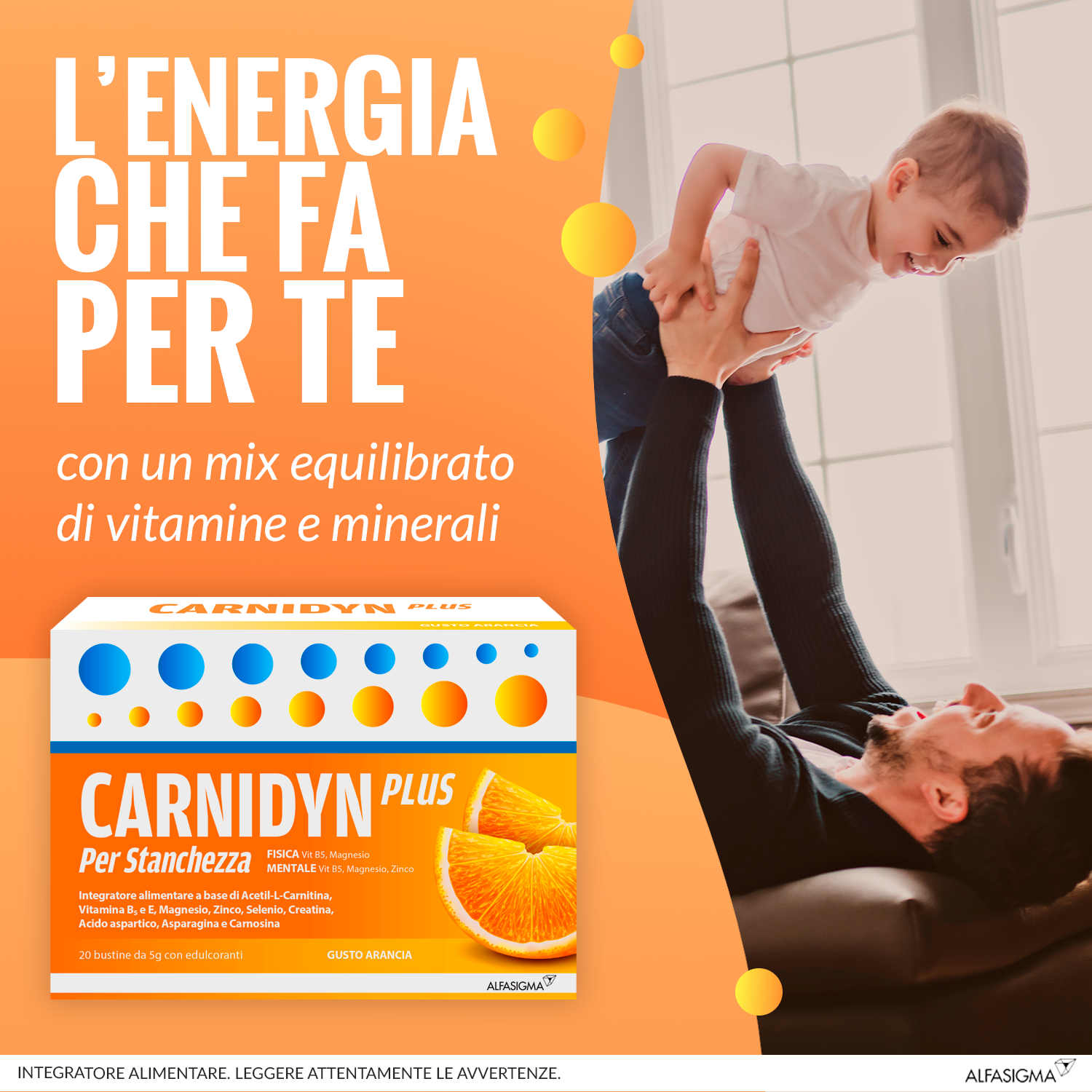 Carnidyn Plus Integratore Alimentare a base di Sali minerali, Carnitina, vitamine, per Stanchezza Mentale e Fisica, utile in caso di spossatezza - 20 Bustine