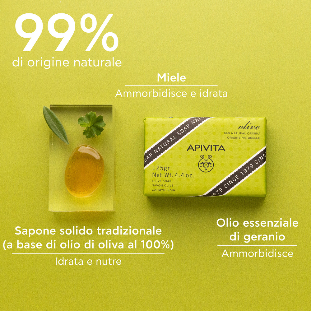 Apivita Natural Soap - Sapone Naturale Solido Con Oliva Viso E Corpo Per Pelle Secca 125 g
