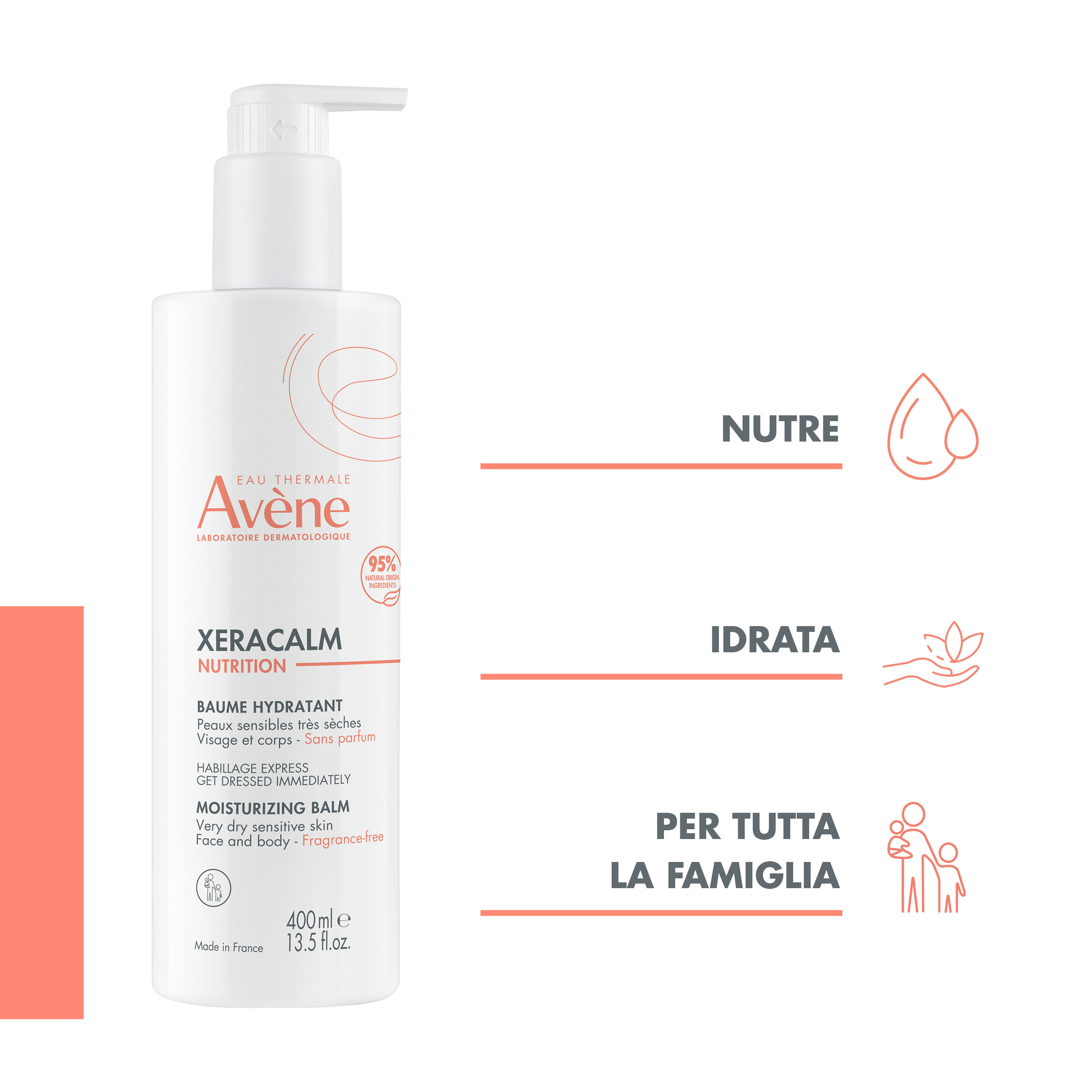 Eau Thermale Avène Xeracalm Nutrition Balsamo Idratante, viso e corpo, Pelle sensibile da secca a molto secca per tutta la famiglia, 400ml 