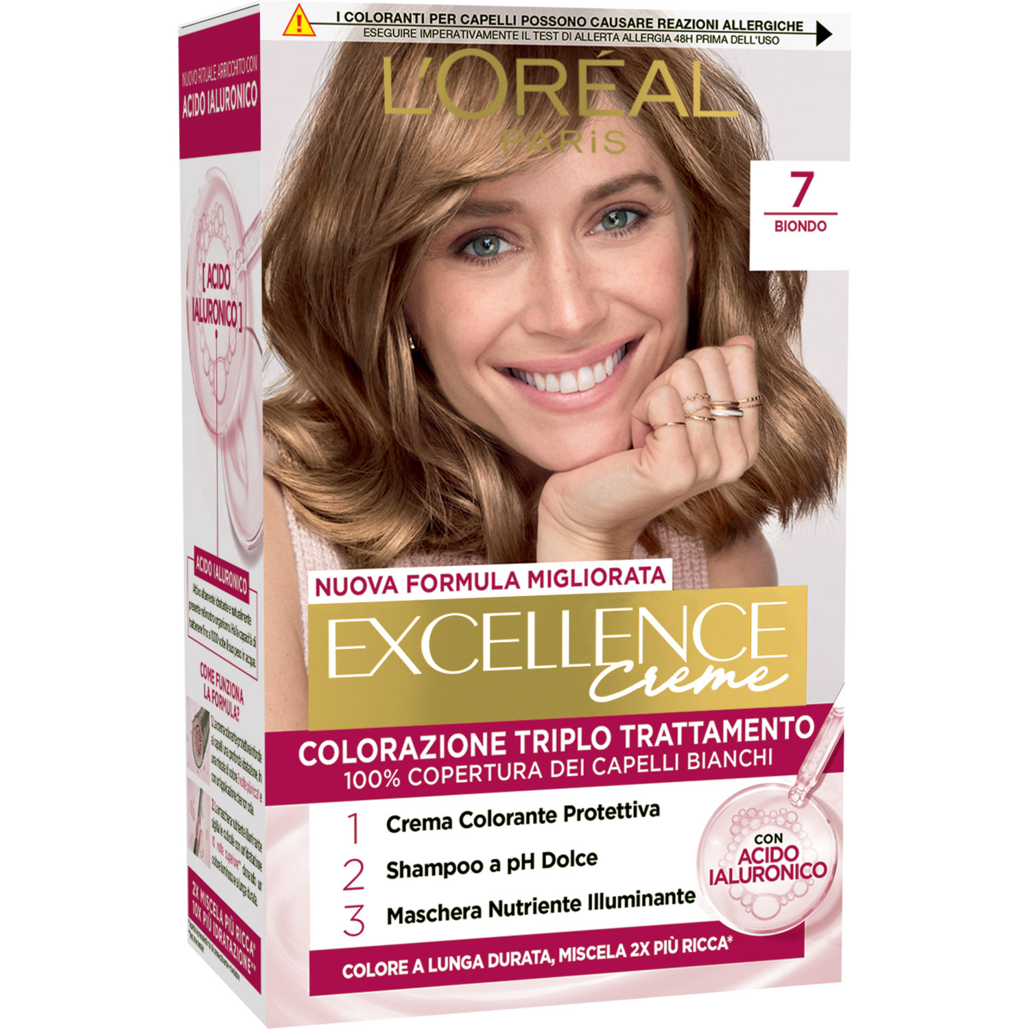L'Oréal Paris Colorazione Triplo Trattamento Excellence, Con Acido Ialuronico, 100% Copertura Capelli Bianchi, Per Capelli Più Idratati, Biondo (7)