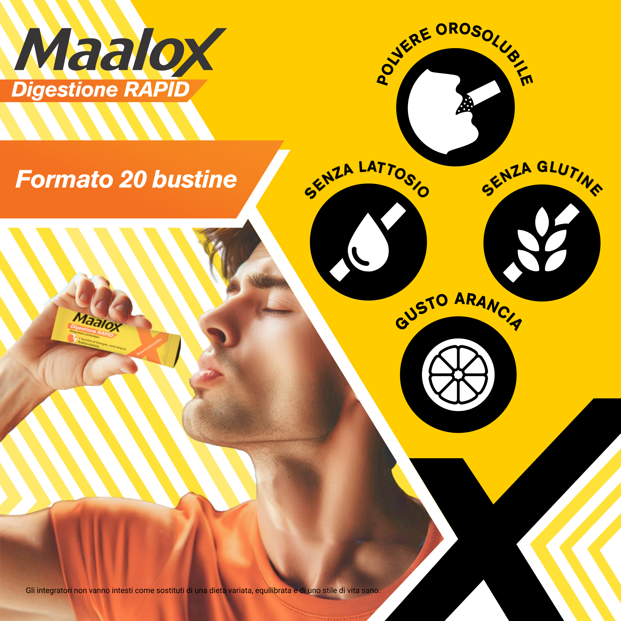 Maalox Digestione RAPID, Integratori, Cattiva Digestione, Acidità di Stomaco – Per Adulti e Bambini 6+, Gravidanza, Senza Glutine e Lattosio (20 Bustine) 
