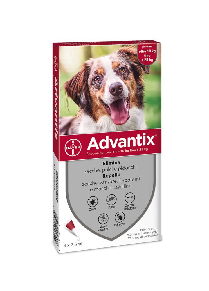 ADVANTIX SPOT ON 4 pipette 2.5 ml da PER CANI oltre i 10 Kg fino ai 25 Kg 10-25 ADVANTIX SPOT ON 4 pipette 2.5 ml da PER CANI oltre i 10 Kg fino ai 25 Kg 10-25