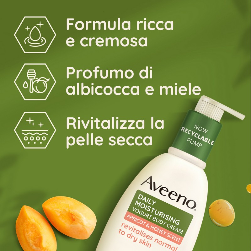 Aveeno, Crema Corpo Idratante allo Yogurt, Daily Moisturising, Profumo di Miele e Albicocca, Pelli da Normali a Secche, 300ml Aveeno, Crema Corpo Idratante allo Yogurt, Daily Moisturising, Profumo di Miele e Albicocca, Pelli da Normali a Secche, 300ml