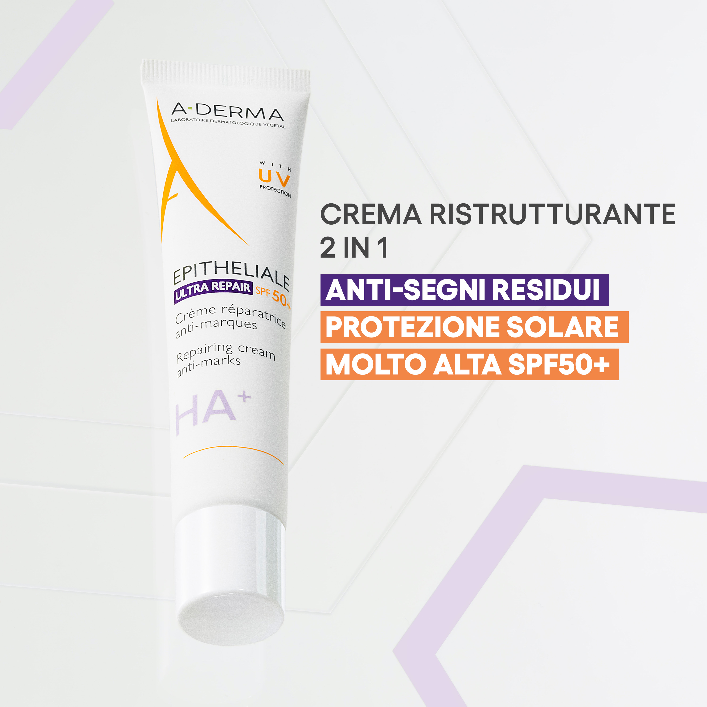 A-Derma Epitheliale Ultra Repair SPF50+ Crema ristrutturante anti-segni residui, riparazione cutanea, protezione solare molto alta,  40 ml