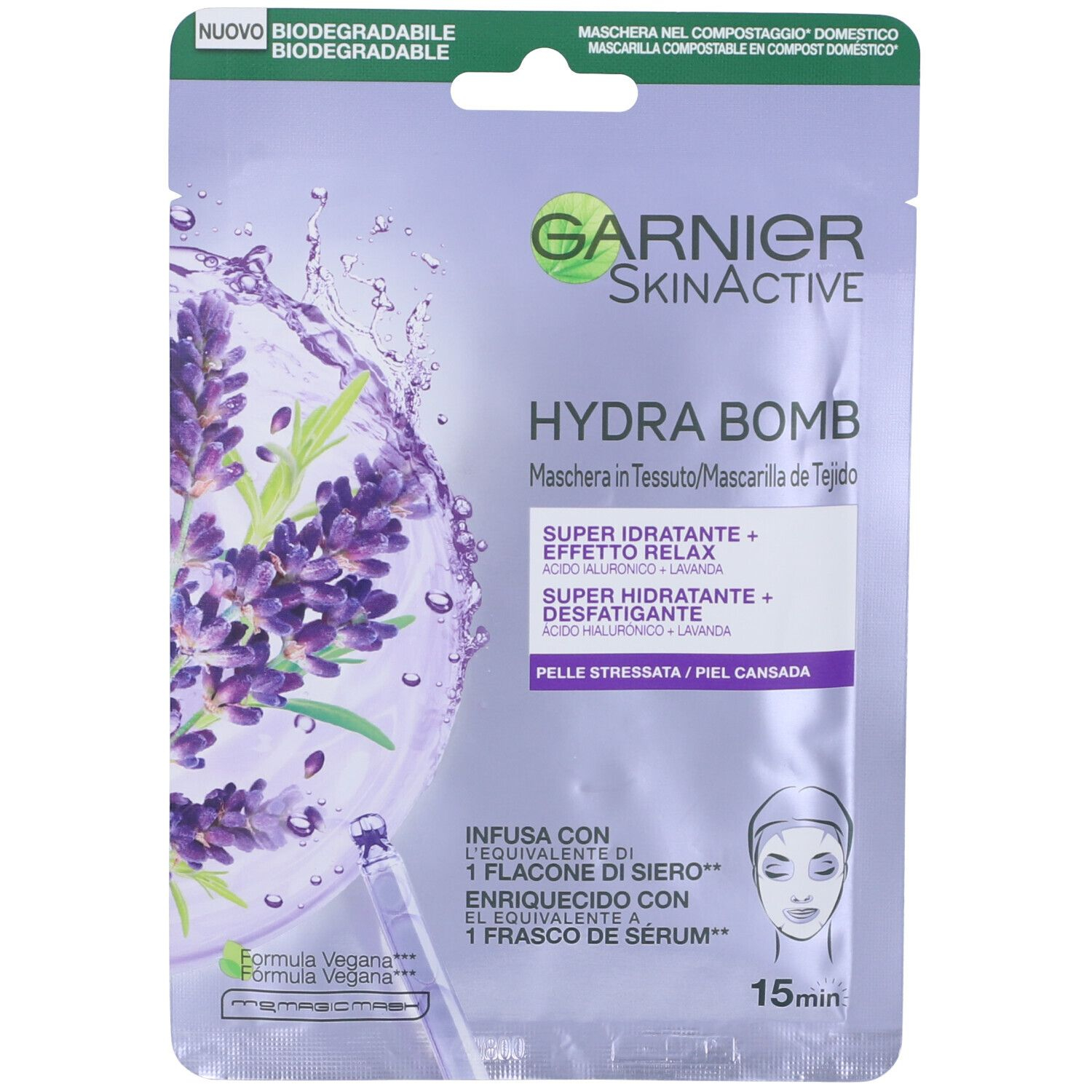 Garnier Maschera in Tessuto Skin Active Hydra Bomb Lavanda, Formula Super Idratante ed Effetto Relax, Per Pelli Stressate, con Acido Ialuronico e Lavanda
